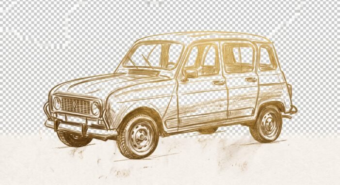 Dessin au trait d'une Renault 4L, mascotte des Mystères de Marrakech
