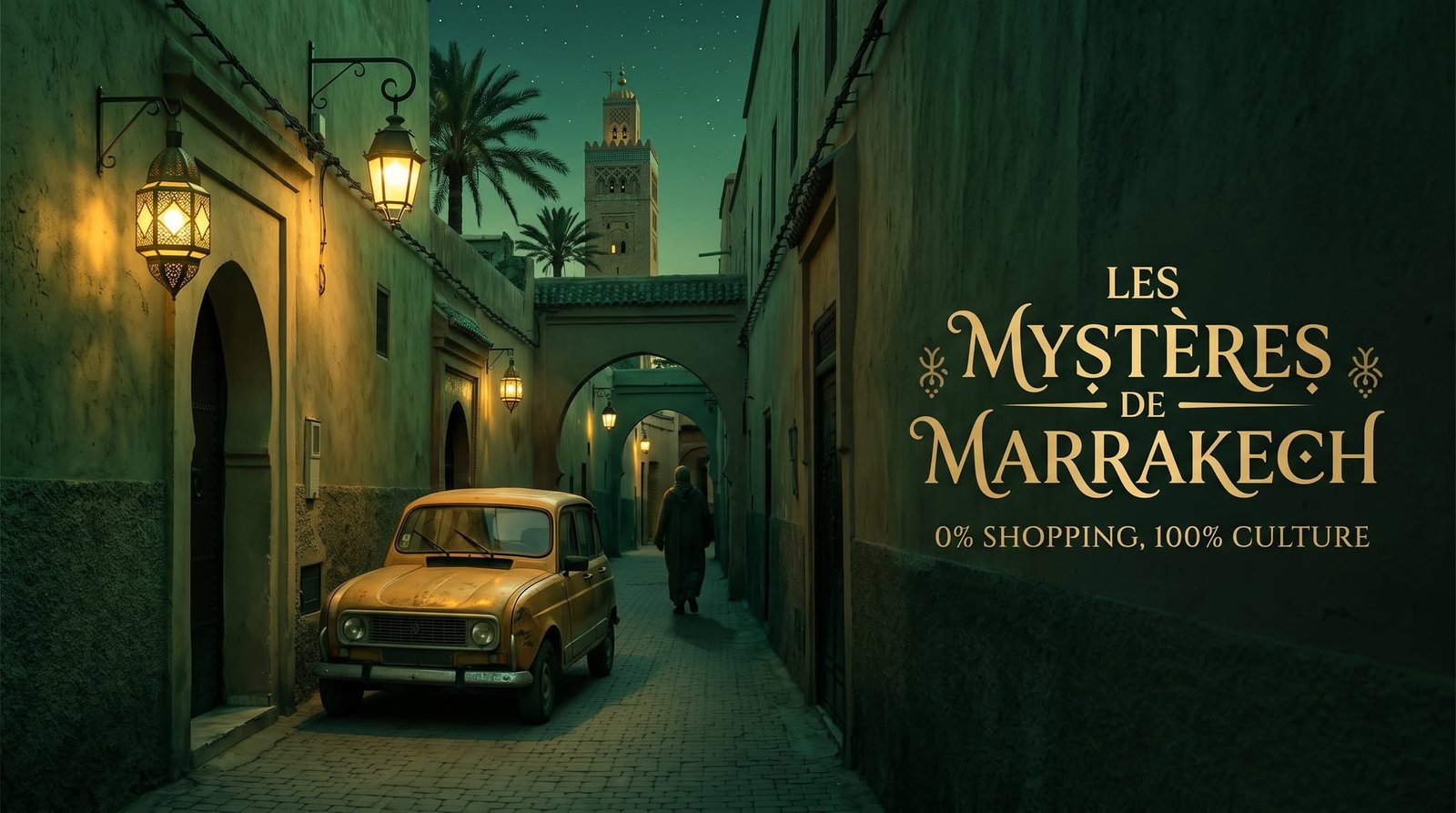 Eine enge Gasse in der Medina von Marrakesch bei Nacht, beleuchtet von Laternen, im Hintergrund ein Renault 4L und die Koutoubia-Moschee